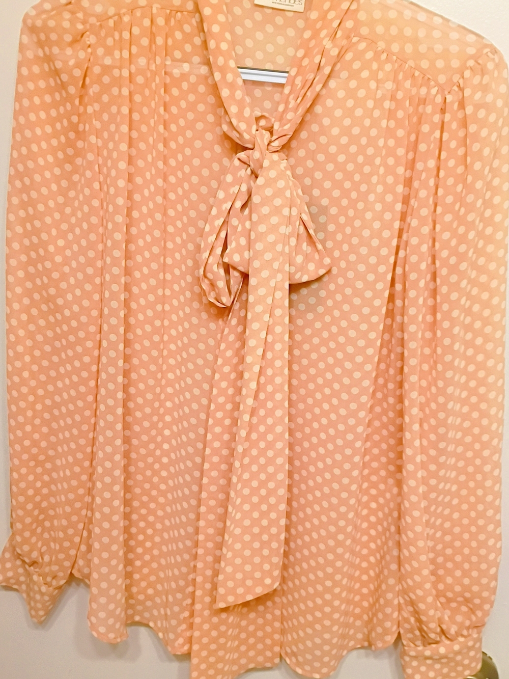 New York & Company Peach Polka Dot Tie-Neck Blouse